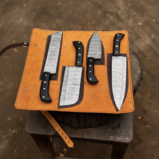 5-Piece Stainless Steel Chef Knife Set with Leather Roll | Ebony Wood Handle Knives