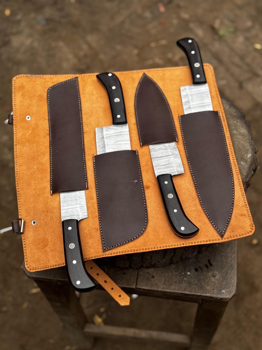 5-Piece Stainless Steel Chef Knife Set with Leather Roll | Ebony Wood Handle Knives