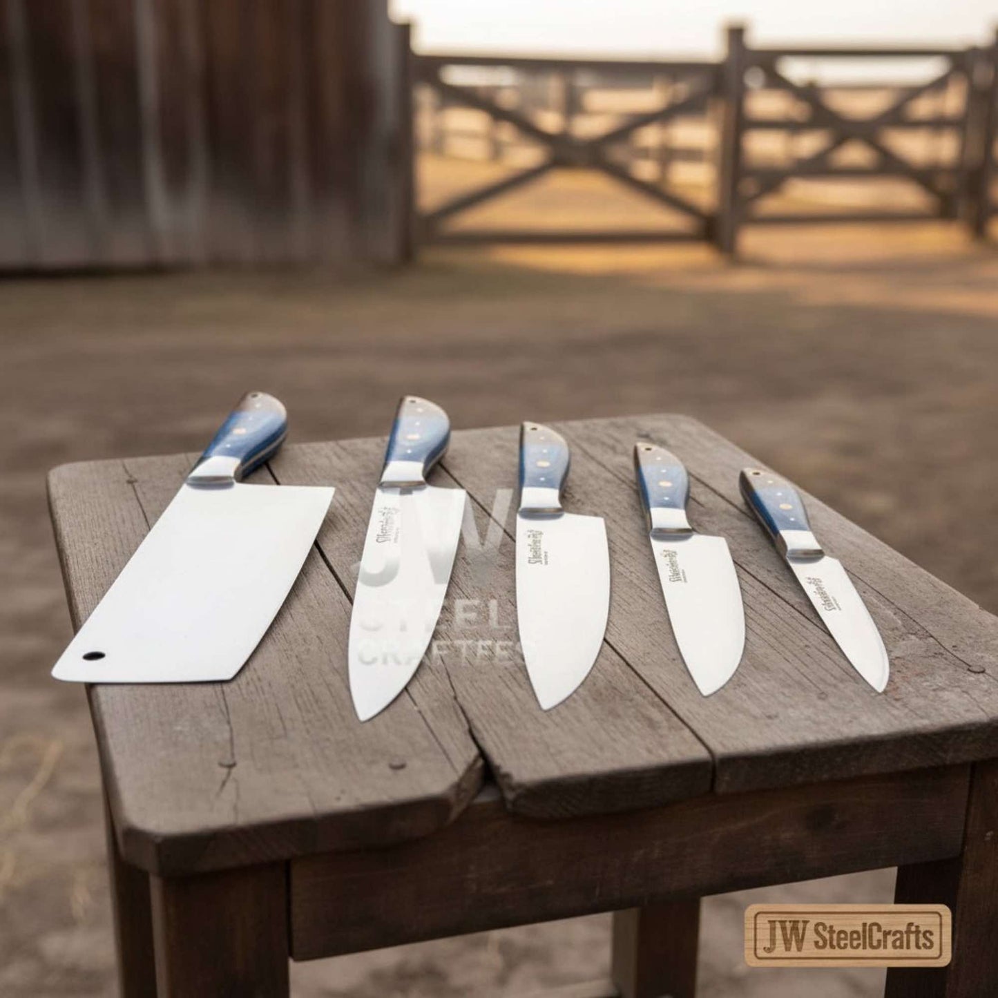 Blue Wood Chef Knife Set – 5-Piece Handmade Kitchen Collection