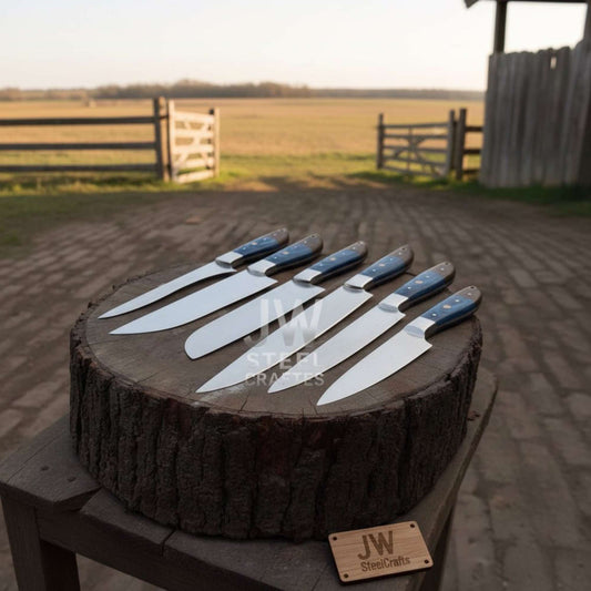 Blue Wood Chef Knife Set – 5-Piece Handmade Kitchen Collection