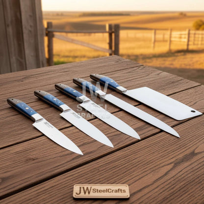 Blue Wood Chef Knife Set – 5-Piece Handmade Kitchen Collection
