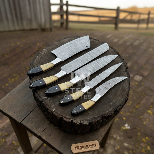 Damascus Chef Knife Set – 5-Piece Camel Bone & Black Micarta Handle Collection