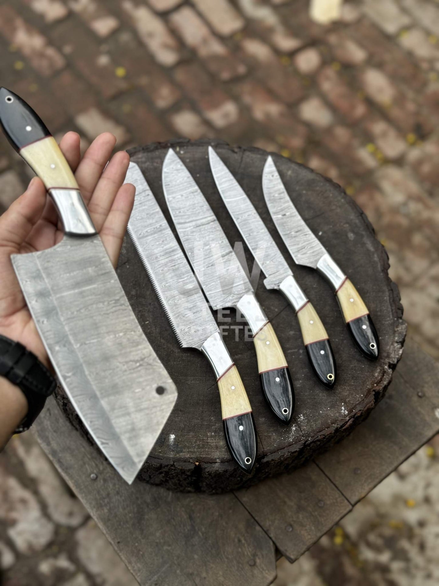 Damascus Chef Knife Set – 5-Piece Camel Bone & Black Micarta Handle Collection