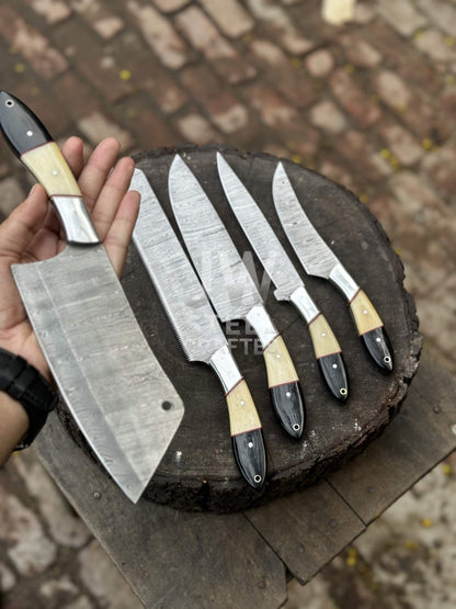 Damascus Chef Knife Set – 5-Piece Camel Bone & Black Micarta Handle Collection
