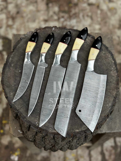 Damascus Chef Knife Set – 5-Piece Camel Bone & Black Micarta Handle Collection